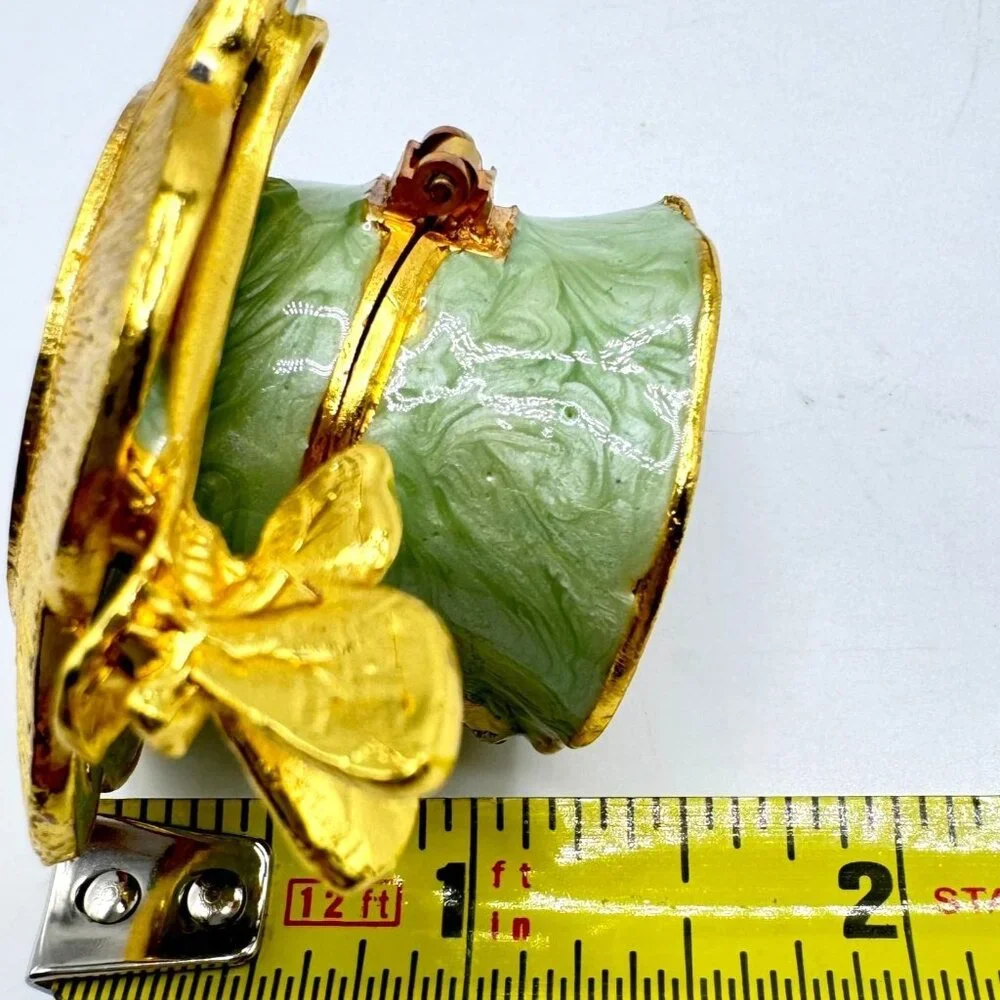 Ornate Tea Cup Jewelry Box Gold Rhinestone Embellishments Butterfly Green